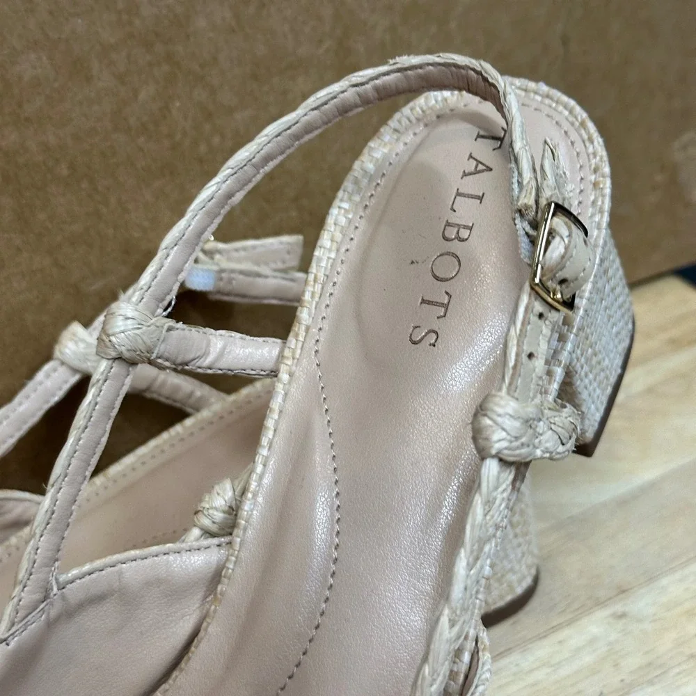 Talbots Block Heel Pump Women 9.5M Beige Woven Raffia Slingback Excellent